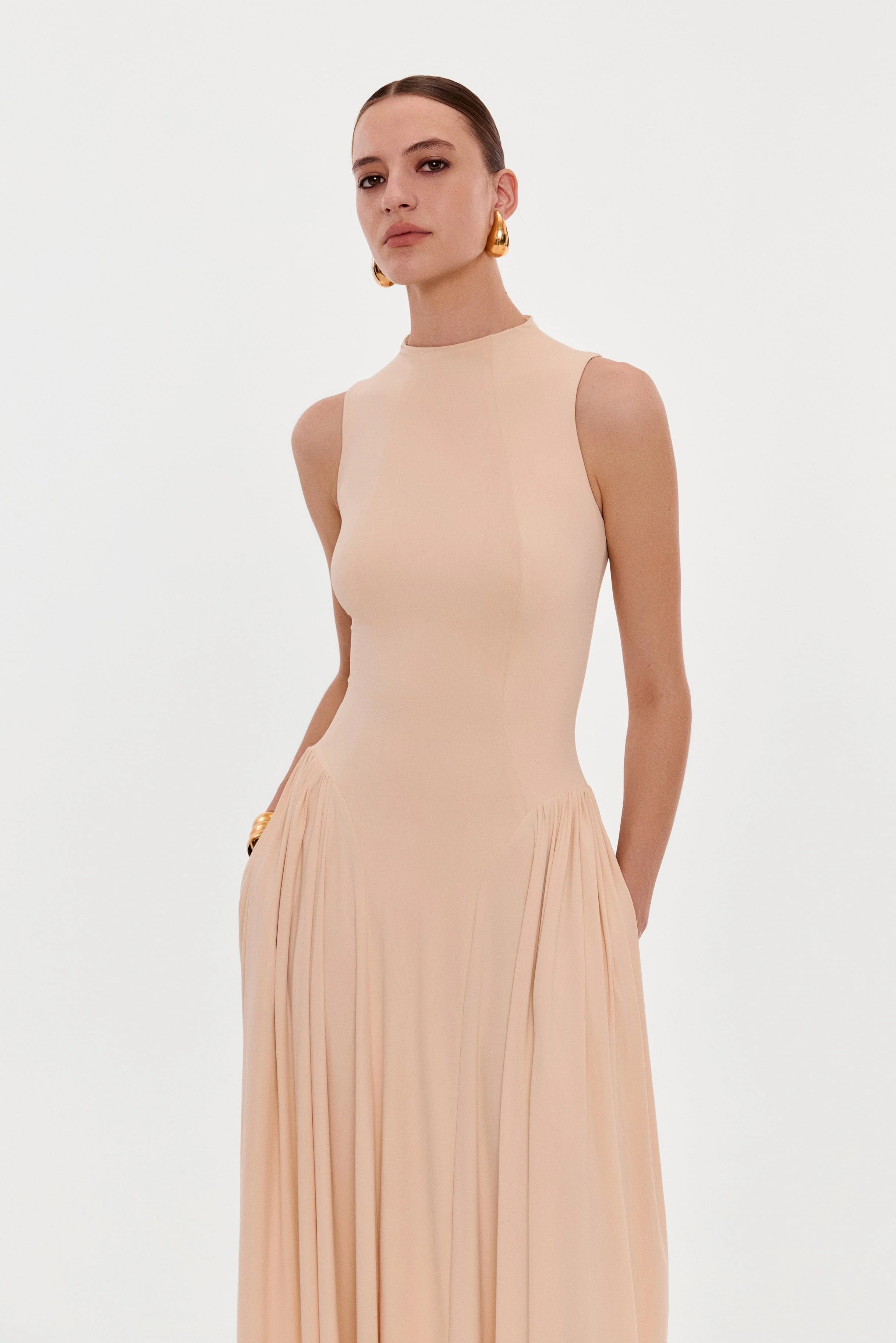 Nude sleeveless mock neck dress with a pleated maxi skirt - Image 5