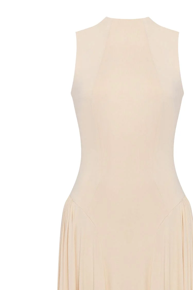 Nude sleeveless mock neck dress with a pleated maxi skirt - Image 6