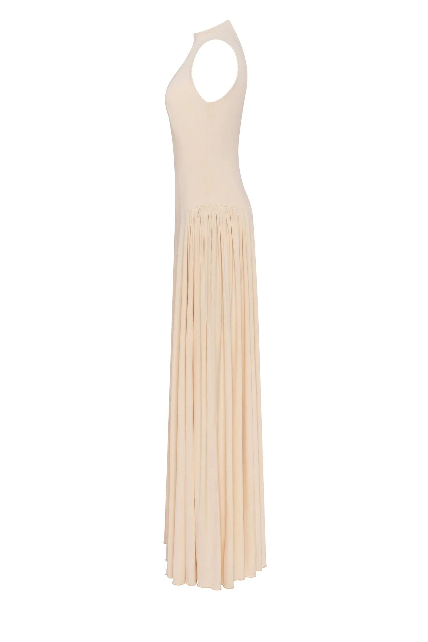 Nude sleeveless mock neck dress with a pleated maxi skirt - Image 7