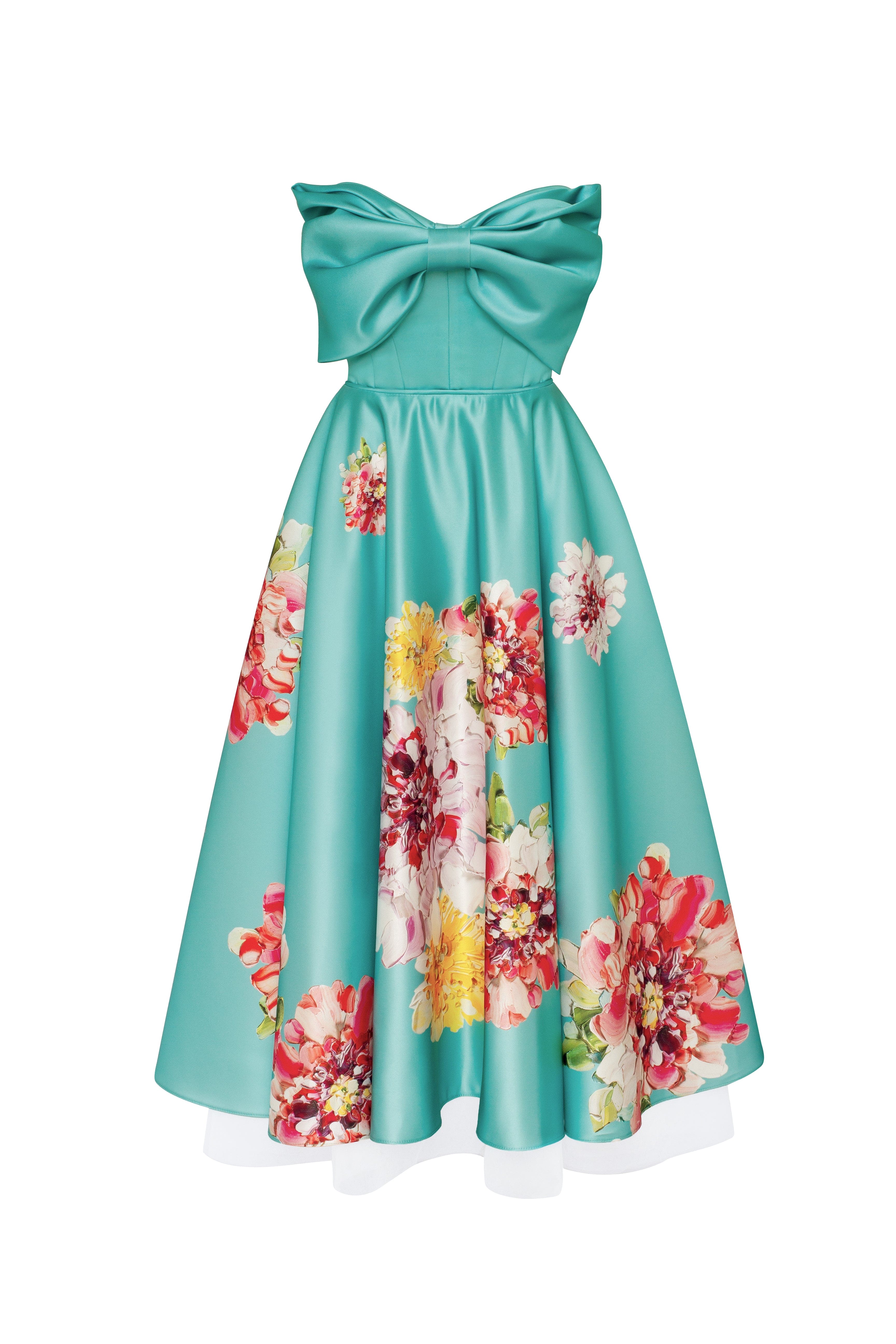 Playful aquamarine floral midi dress with bow, Glow-Up - Image 2