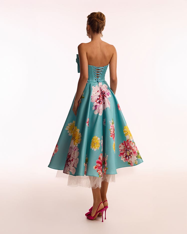 Playful aquamarine floral midi dress with bow, Glow-Up - Image 3