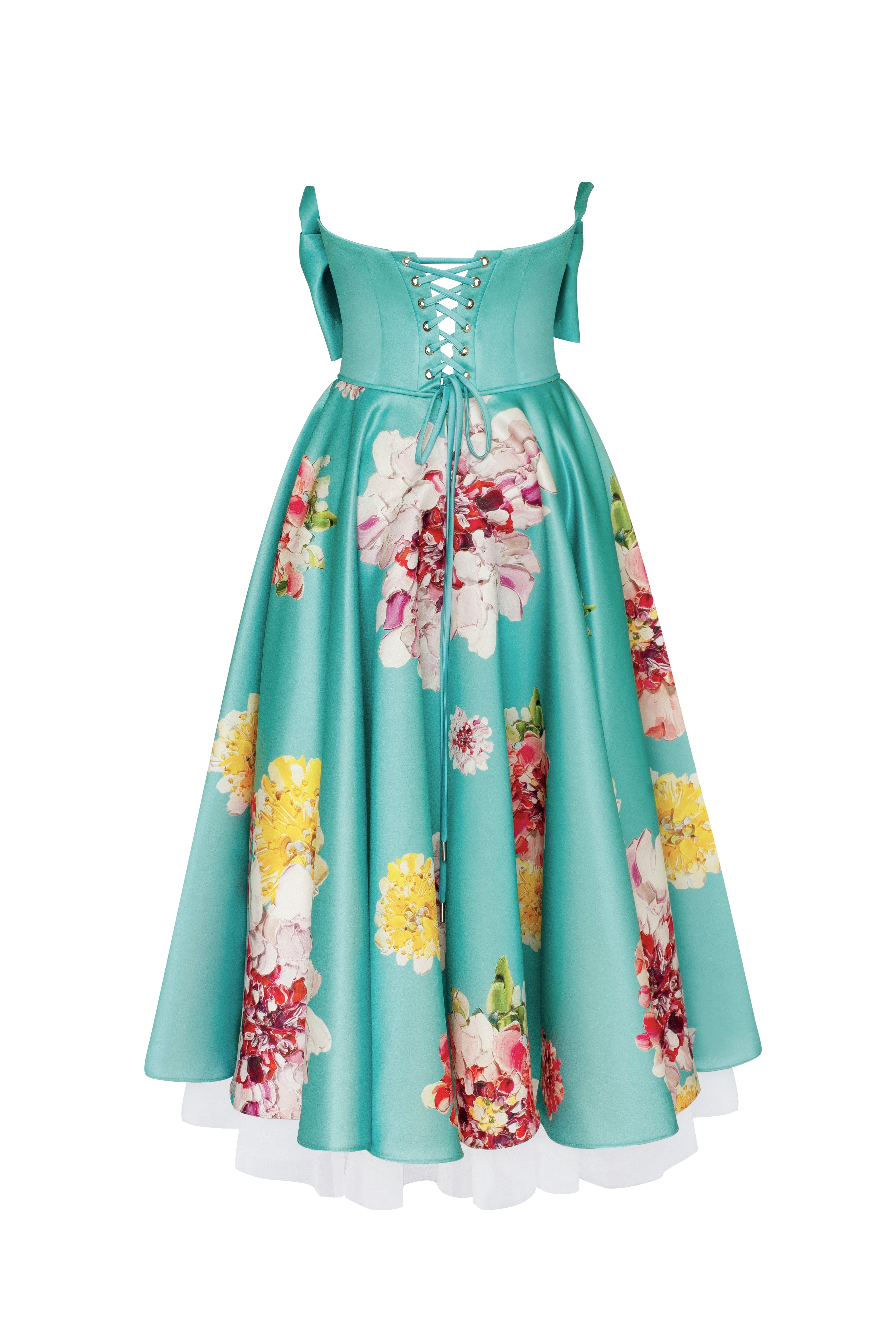 Playful aquamarine floral midi dress with bow, Glow-Up - Image 4
