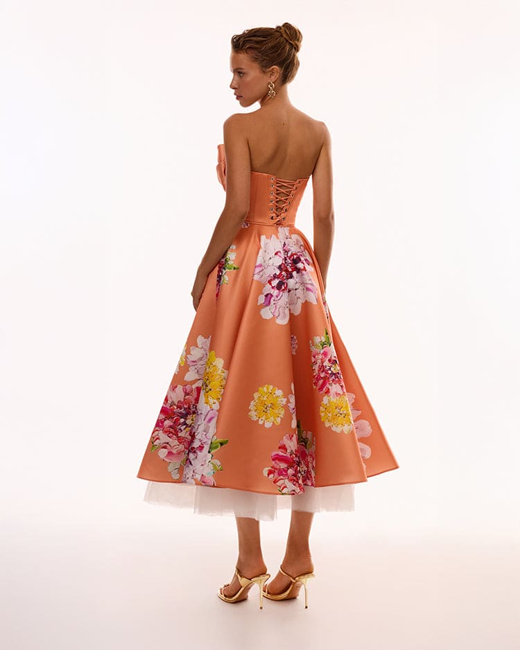 Playful orange floral midi dress with bow, Glow-Up - Image 3