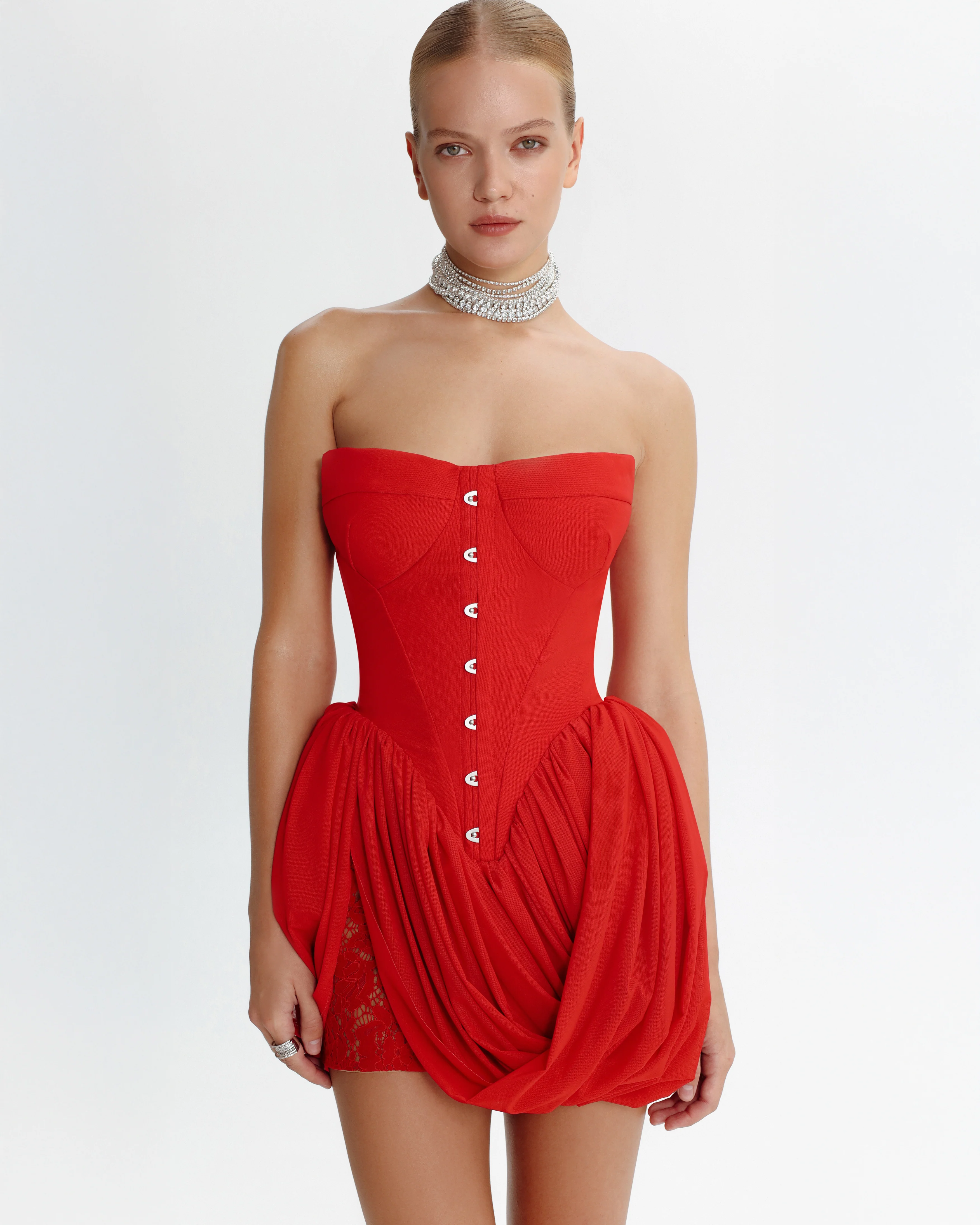 Red corset mini dress with draped skirt - Image 5