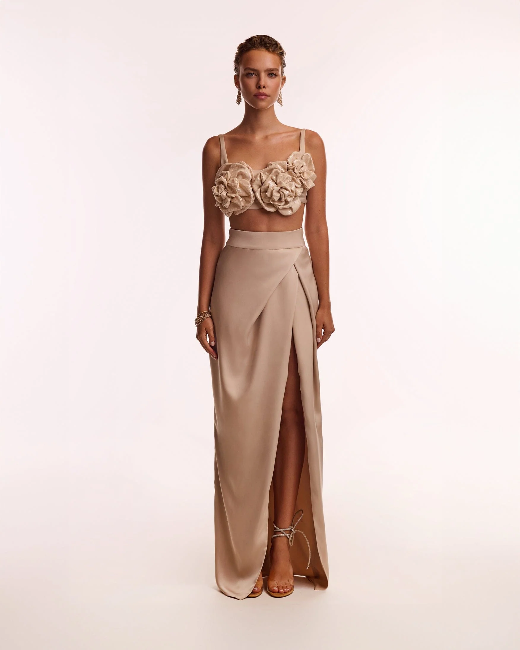 Refined high-waisted maxi satin skirt with a slit, Midnight Walk