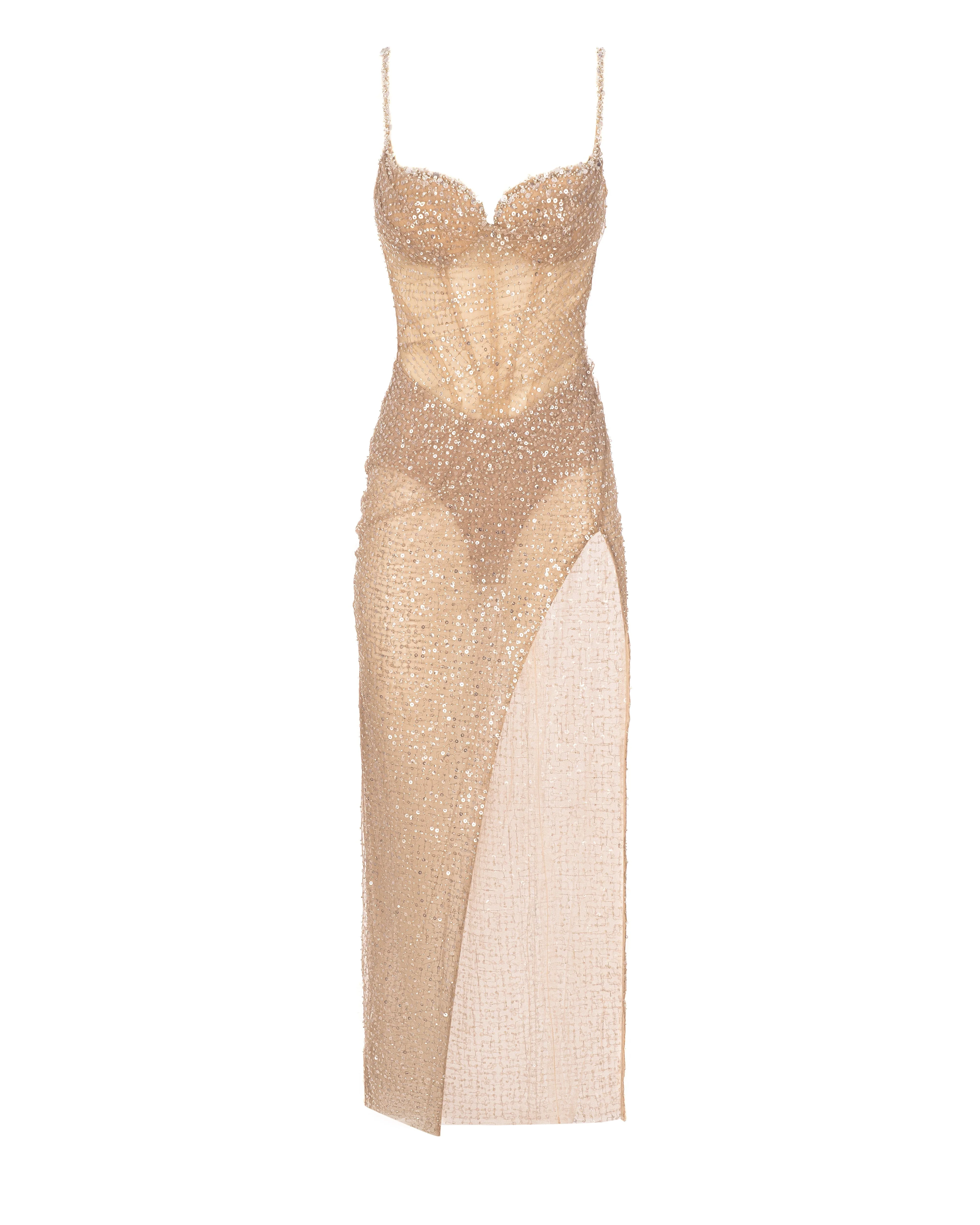 Sensational champagne gold crystal-embellished maxi dress on spaghetti straps - Image 2