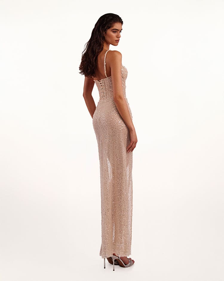 Sensational champagne gold crystal-embellished maxi dress on spaghetti straps - Image 3