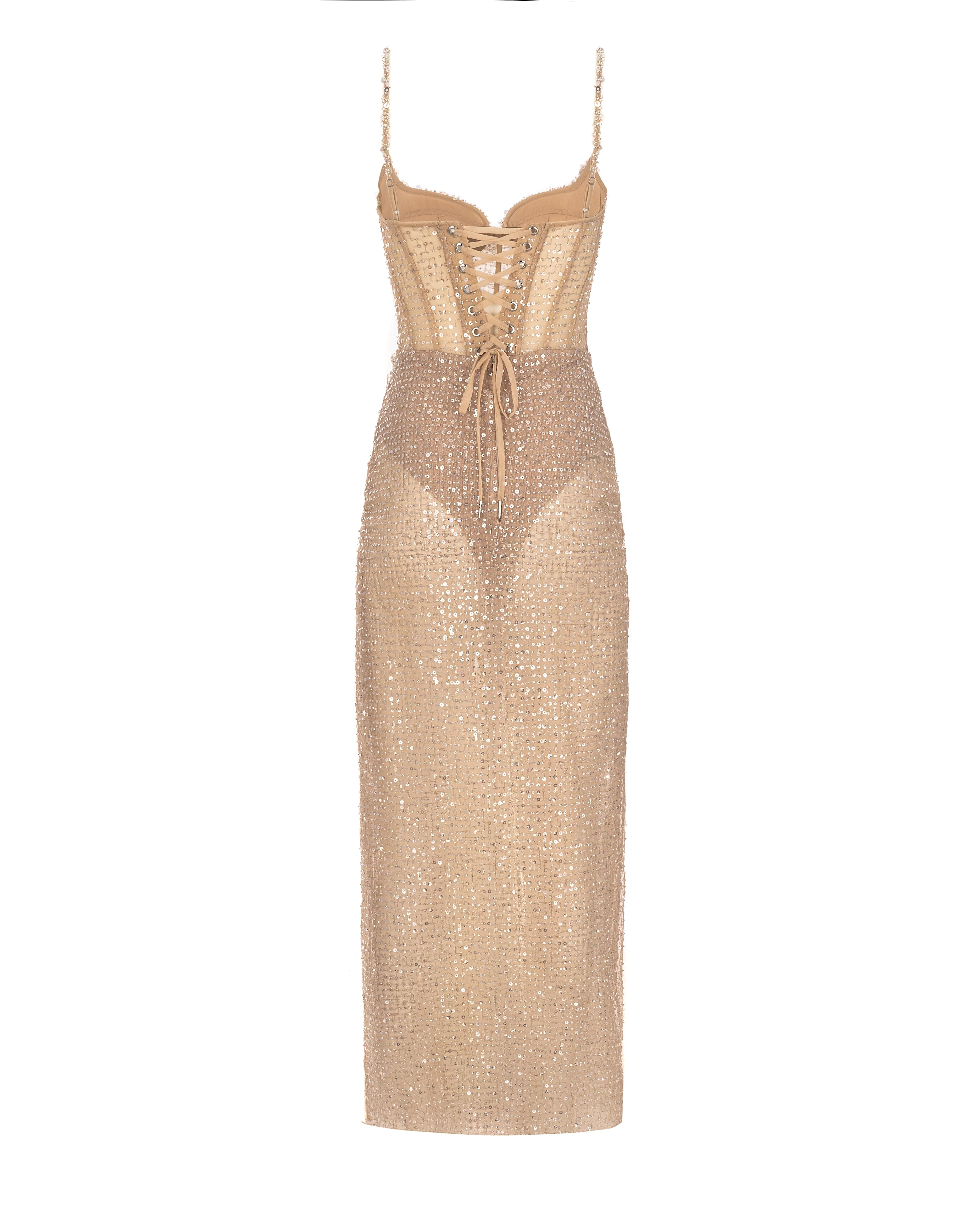 Sensational champagne gold crystal-embellished maxi dress on spaghetti straps - Image 4