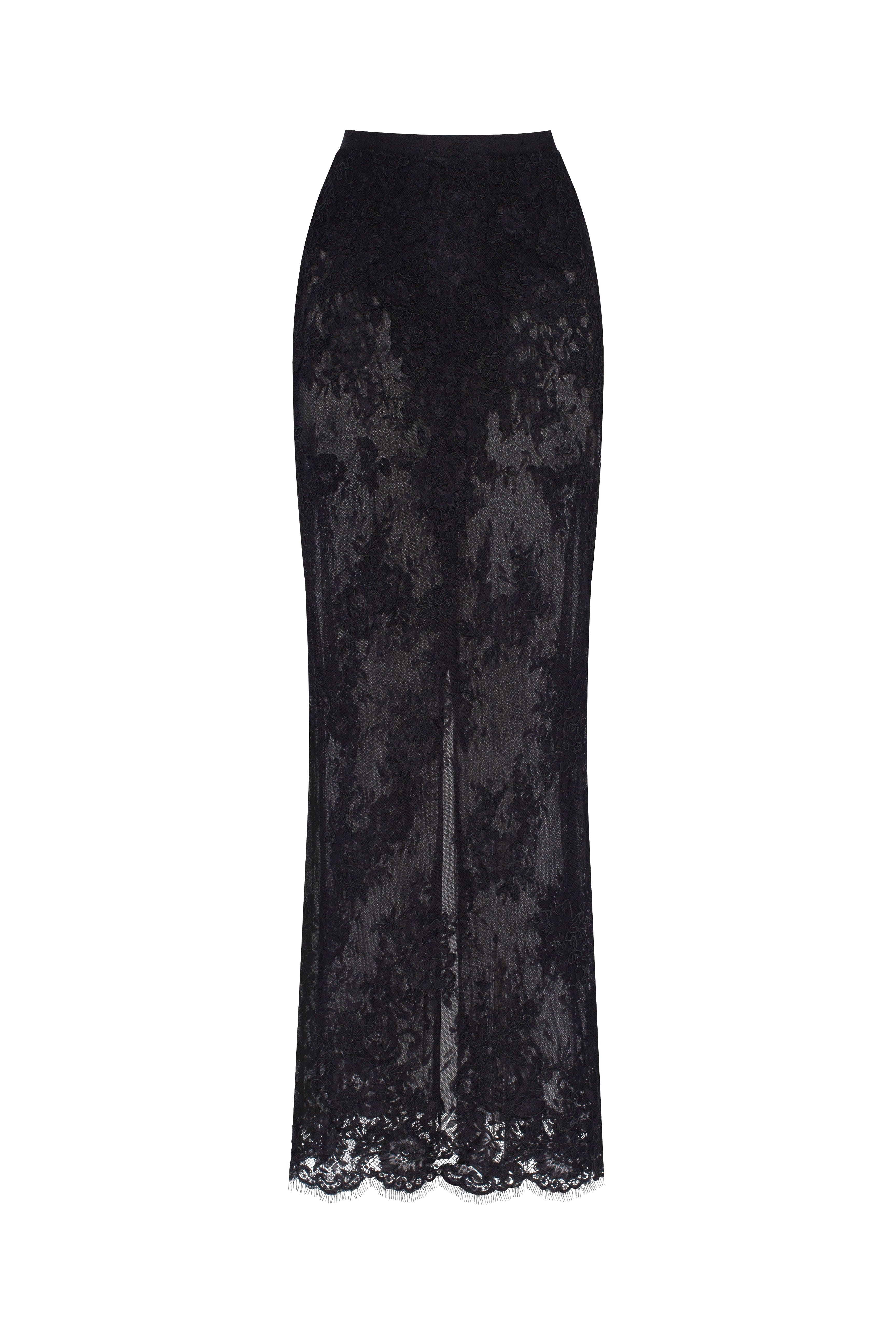 Sensual semi-sheer maxi skirt crafted from black floral lace, Parisienne - Image 2