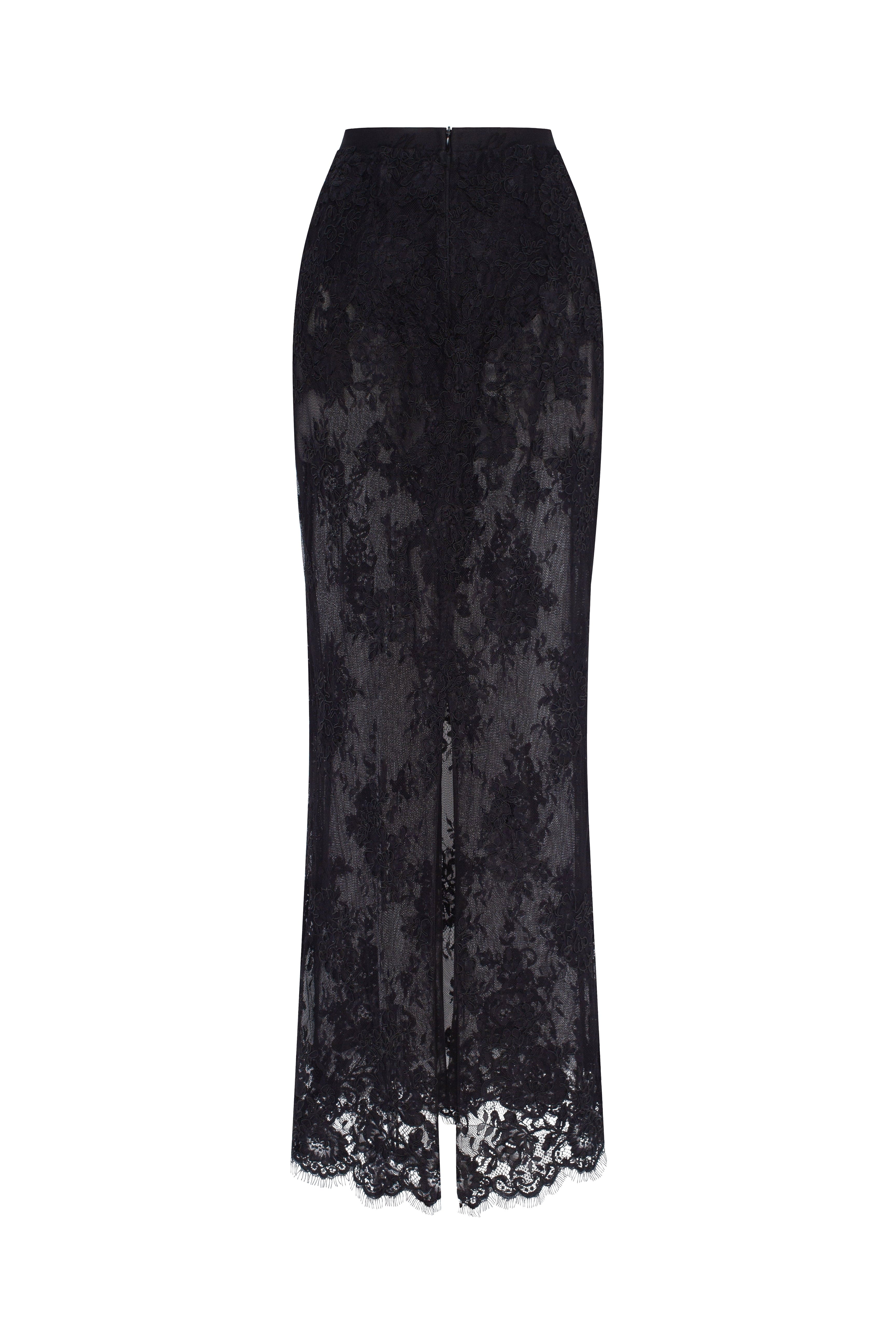 Sensual semi-sheer maxi skirt crafted from black floral lace, Parisienne - Image 4