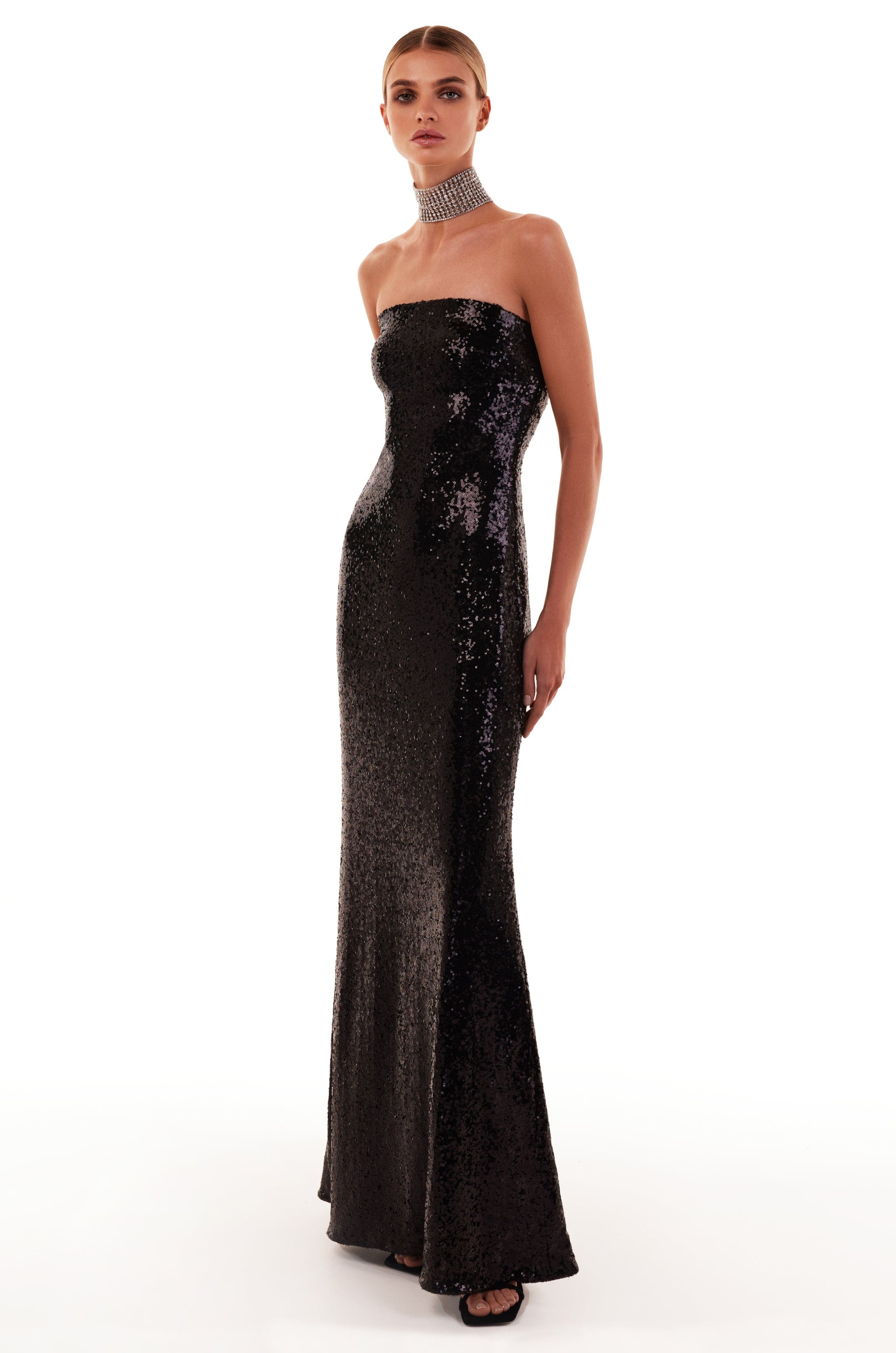 Sequined strapless maxi dress in black