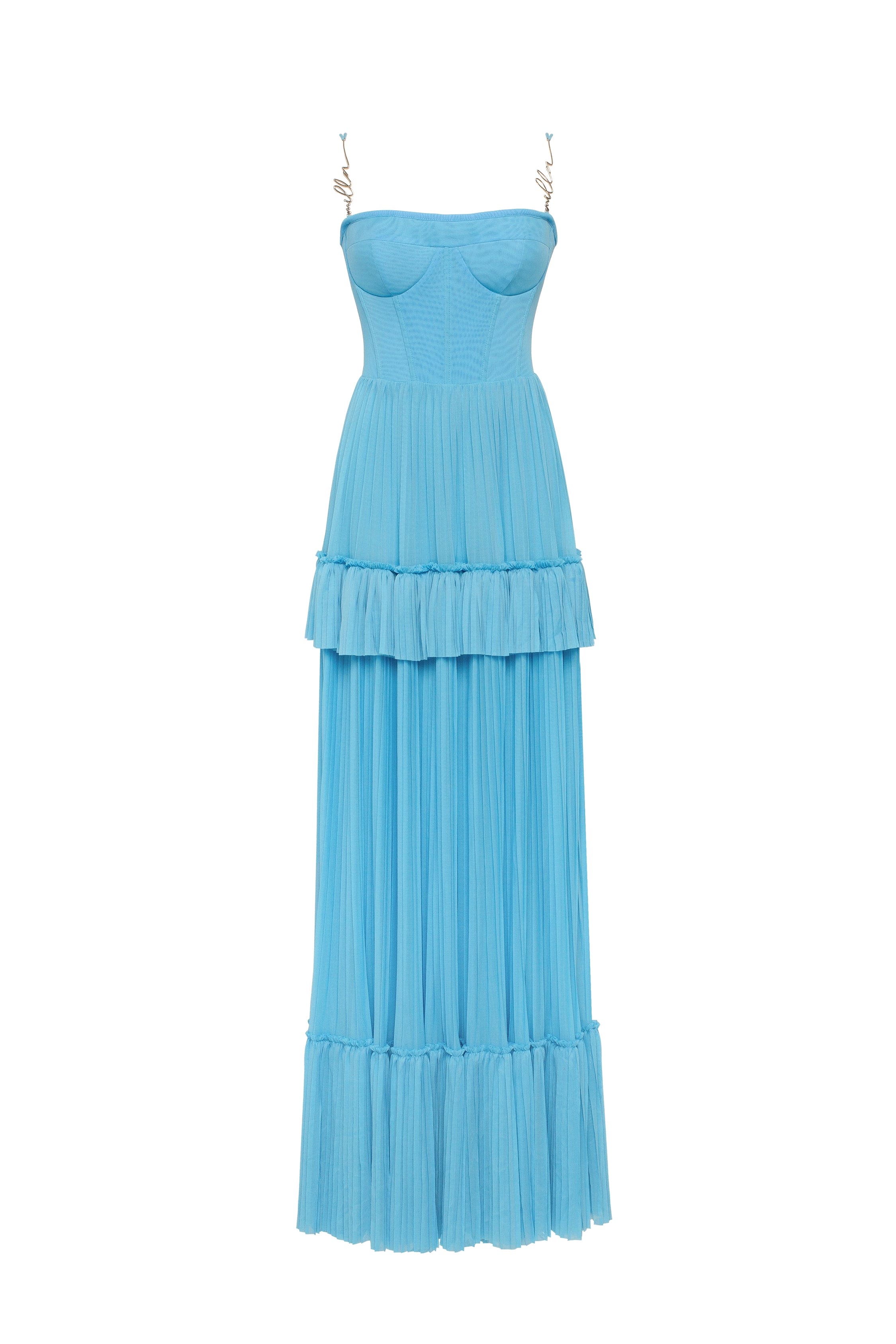 Sky-blue spaghetti strap pleated maxi dress, Garden of Eden - Image 2