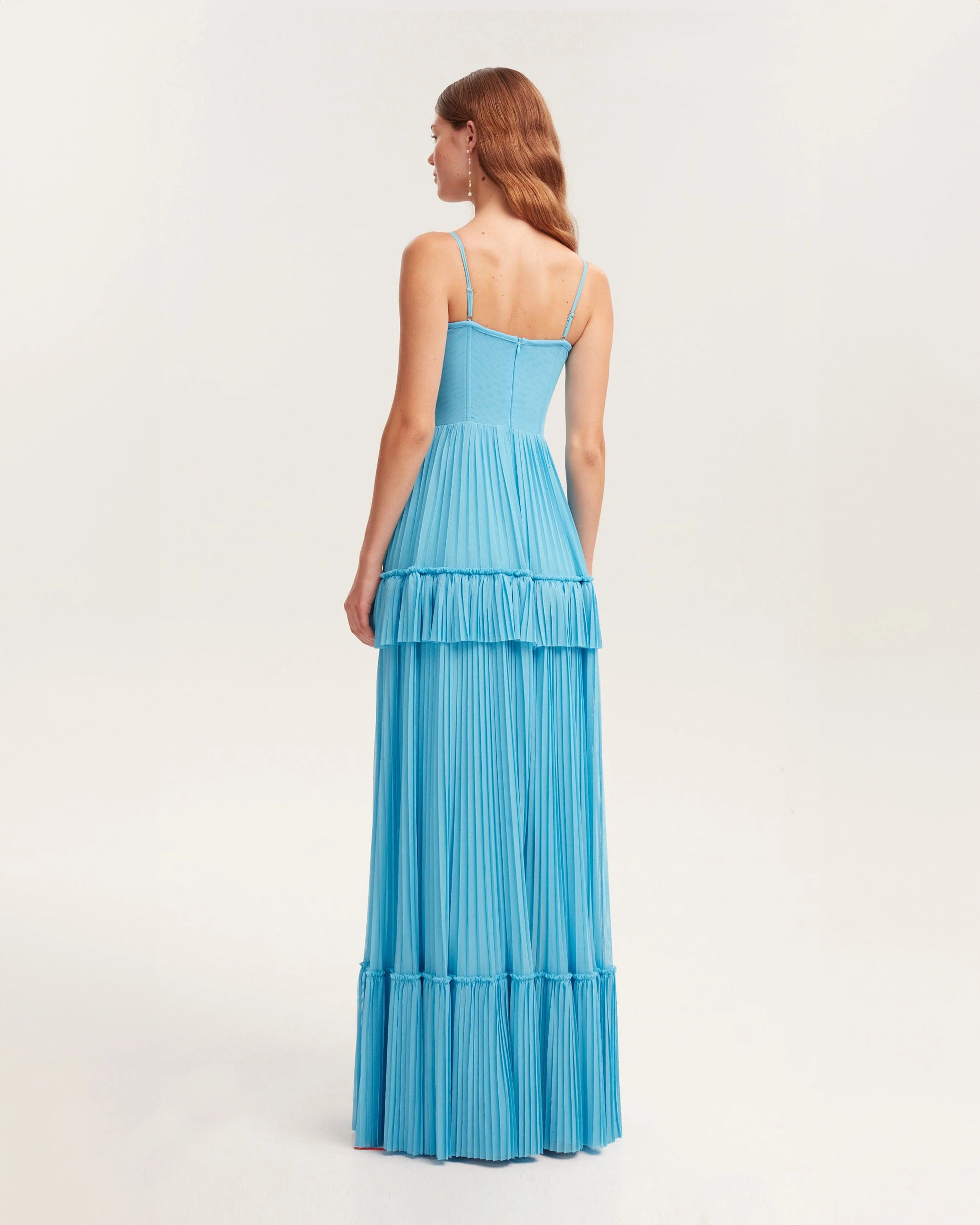 Sky-blue spaghetti strap pleated maxi dress, Garden of Eden - Image 3