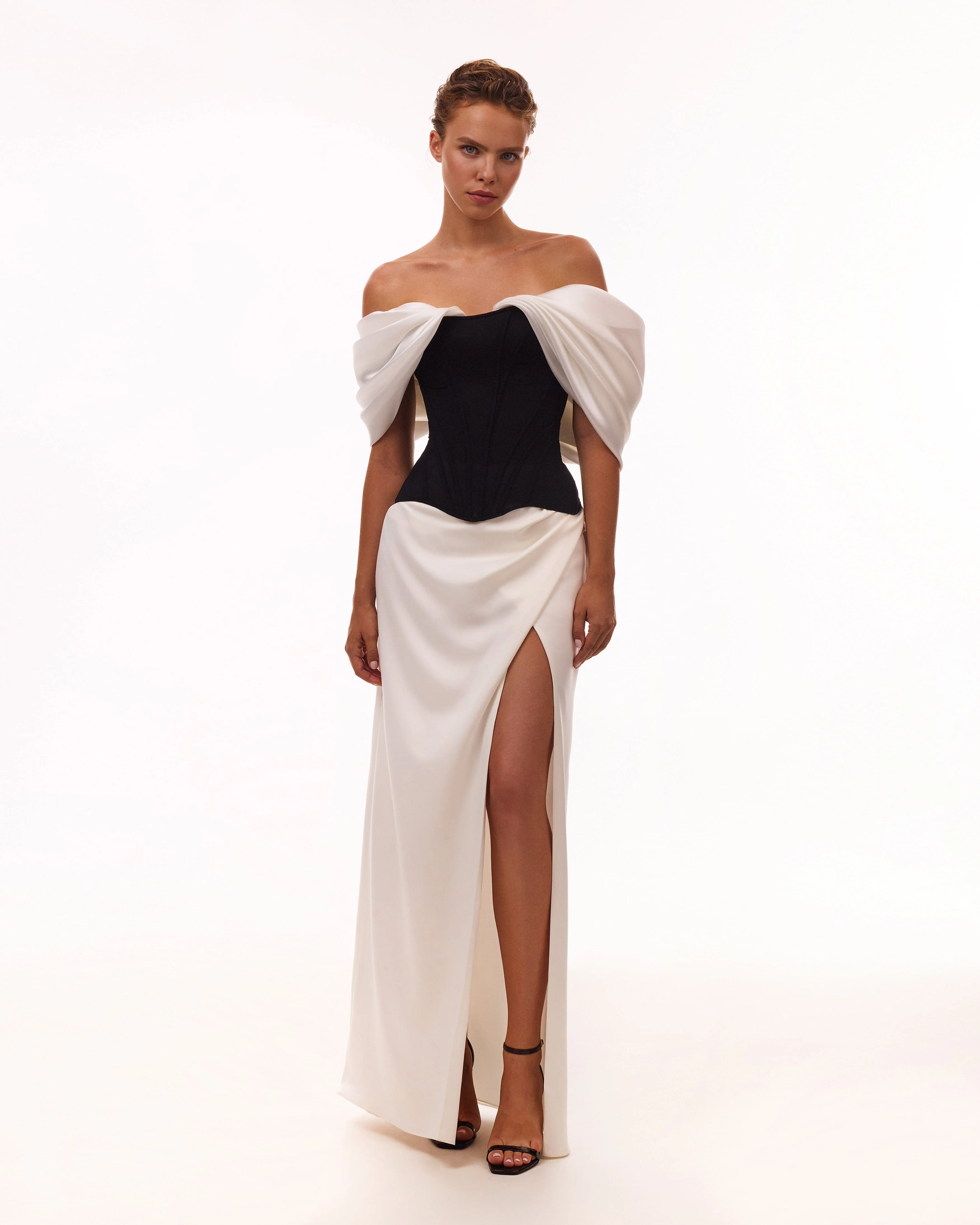 Sophisticated black fitted corset with white satin off-the-shoulder sleeves, Midnight Walk - Image 3