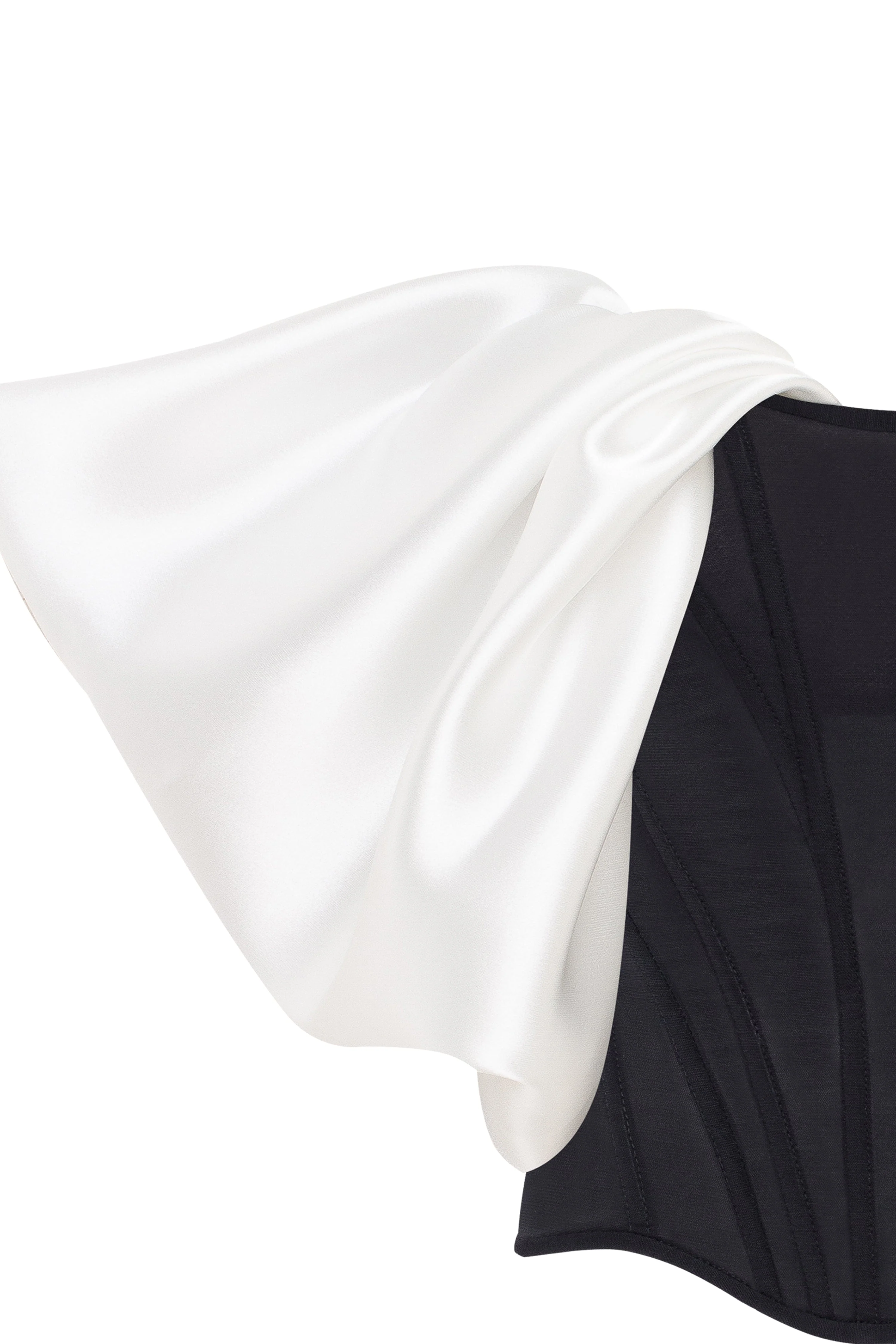 Sophisticated black fitted corset with white satin off-the-shoulder sleeves, Midnight Walk - Image 6