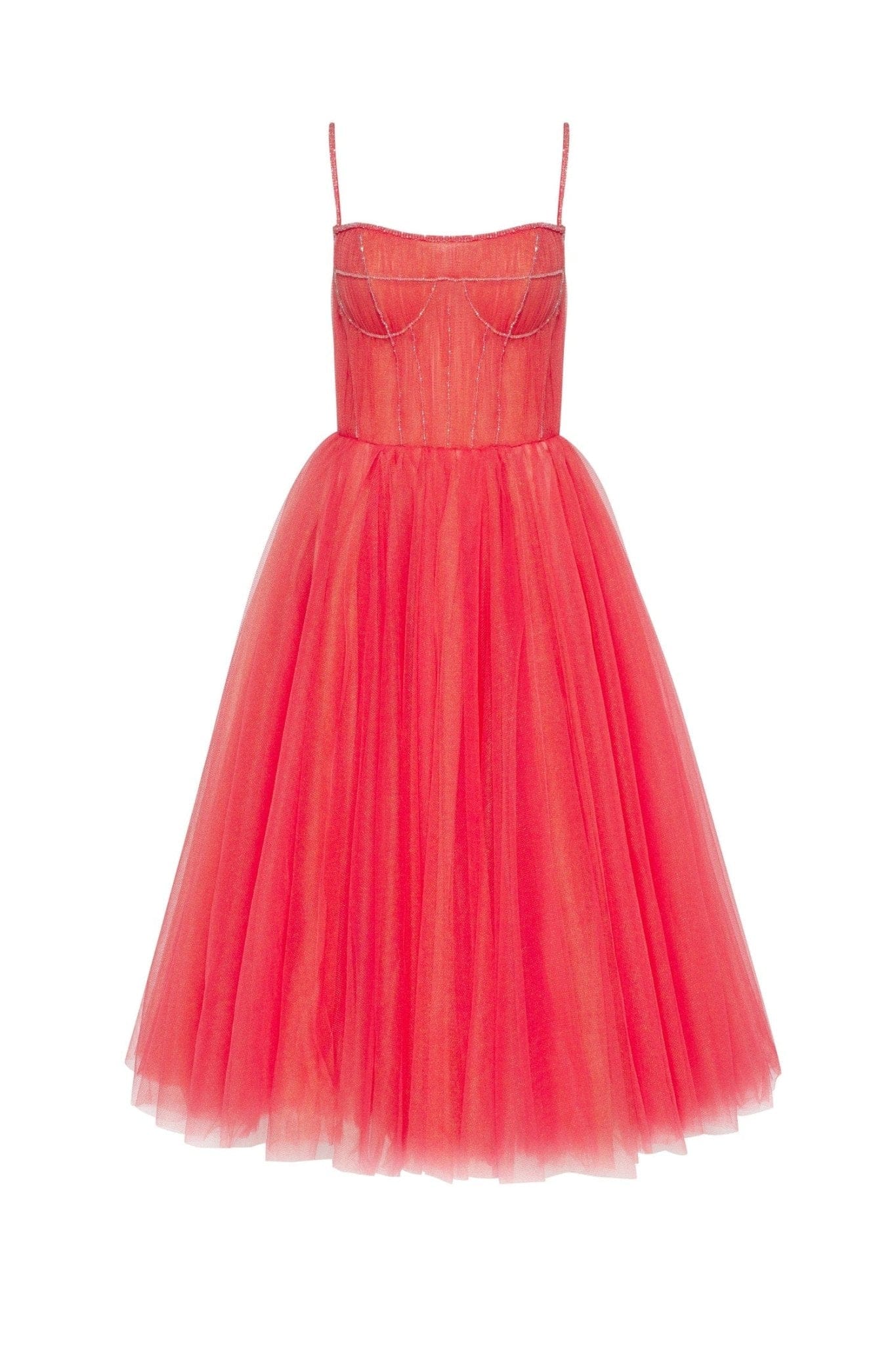 Coral Tie-strap cocktail dress with the elegant corset embroidery - Image 2