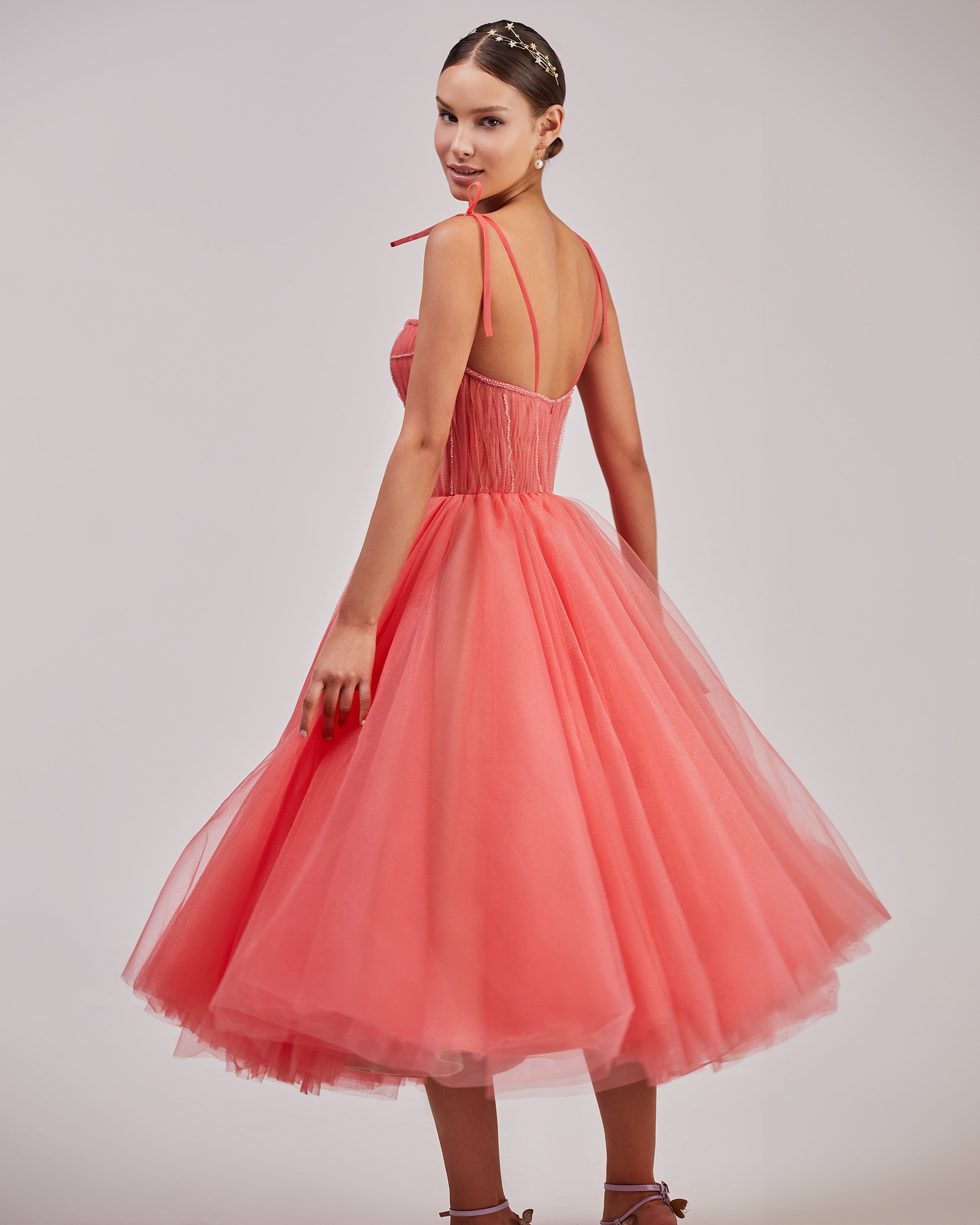 Coral Tie-strap cocktail dress with the elegant corset embroidery - Image 3