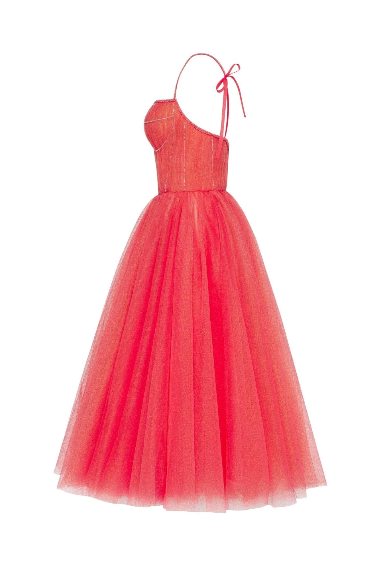 Coral Tie-strap cocktail dress with the elegant corset embroidery - Image 4