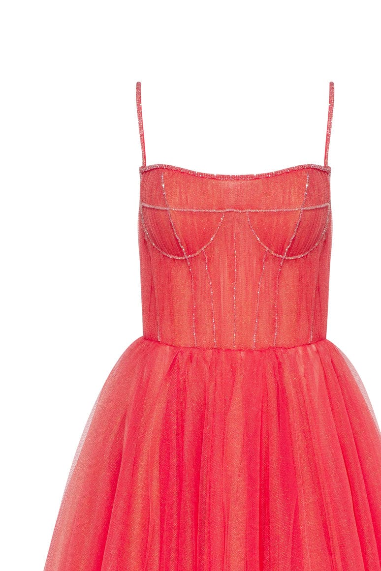 Coral Tie-strap cocktail dress with the elegant corset embroidery - Image 5