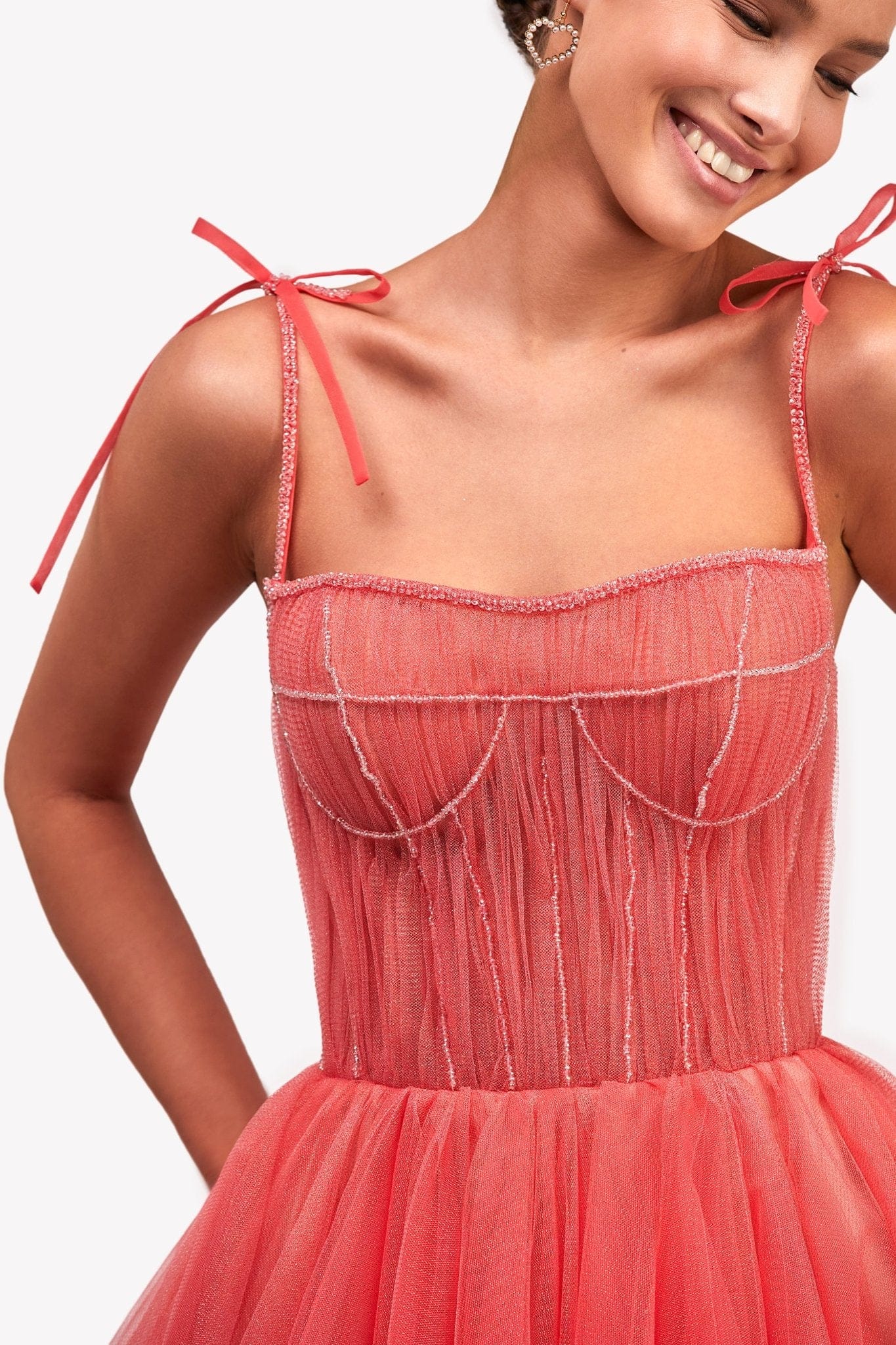 Coral Tie-strap cocktail dress with the elegant corset embroidery - Image 6