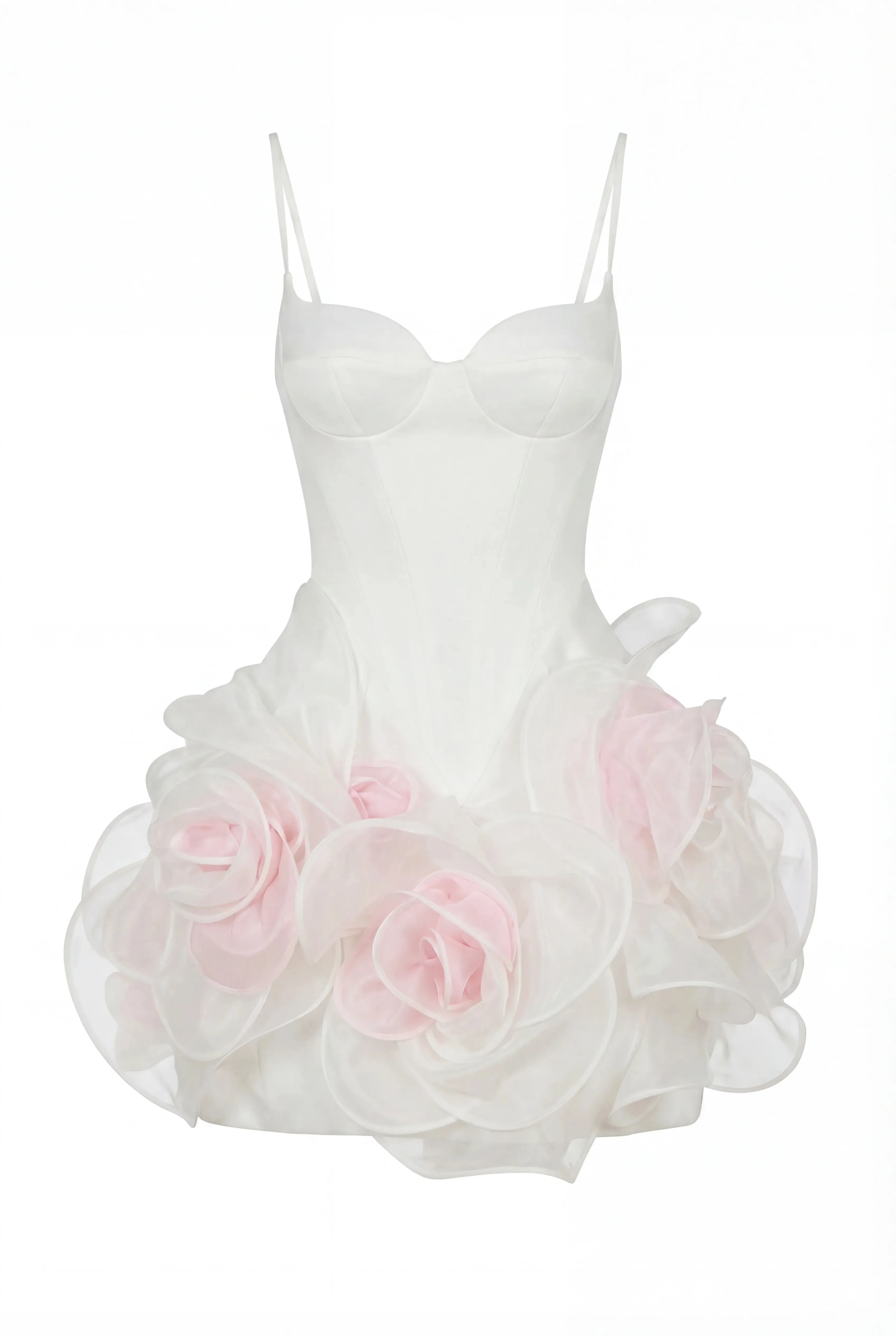 White mini dress with satin corset and 3D floral skirt - Image 2