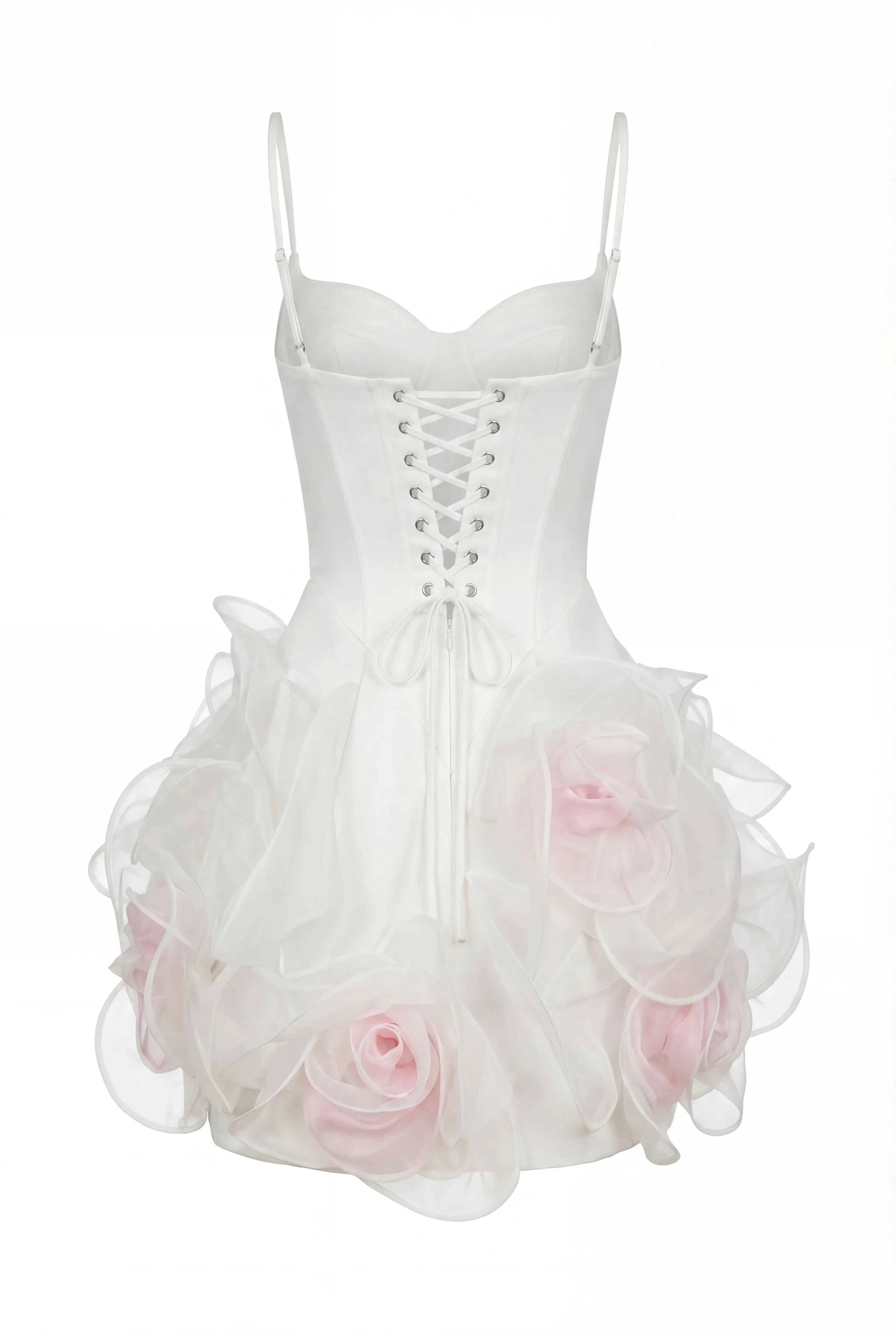 White mini dress with satin corset and 3D floral skirt - Image 3