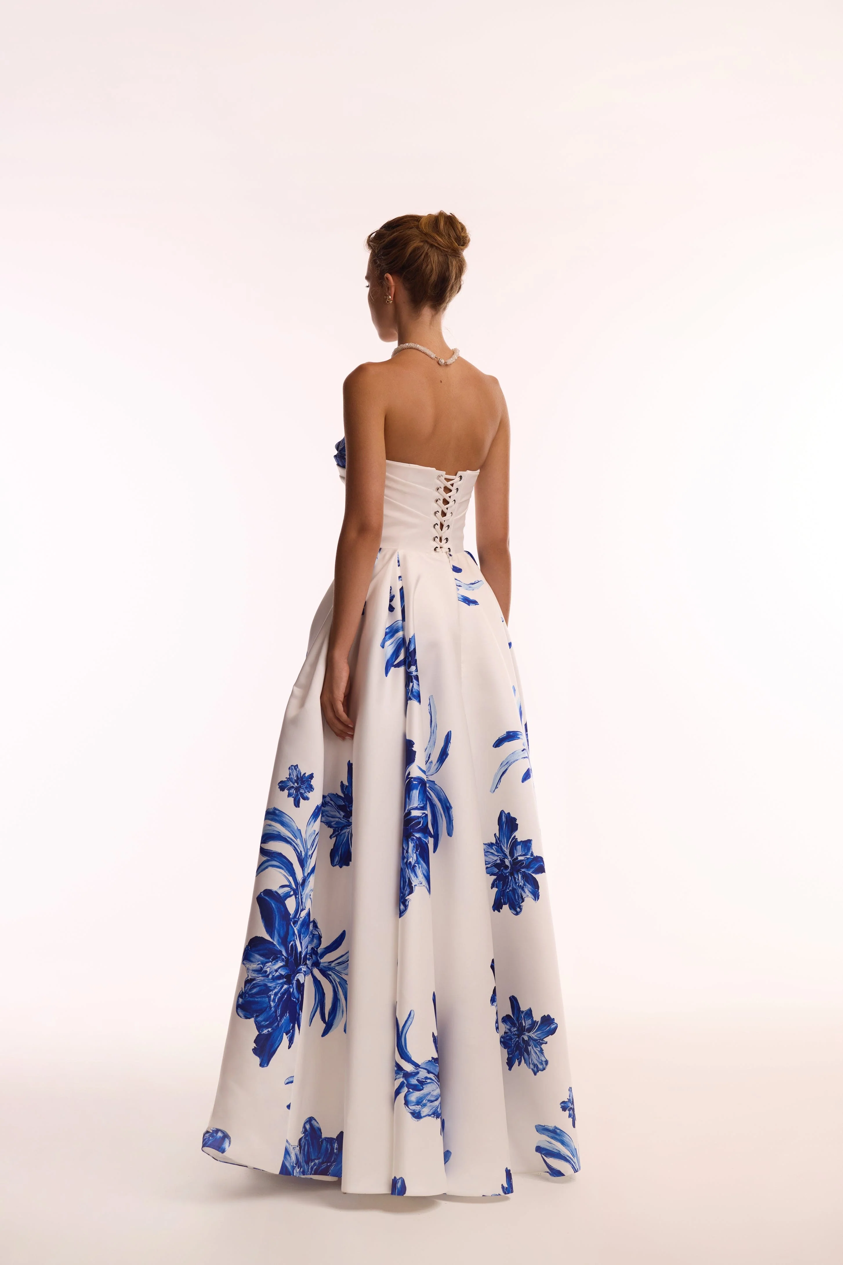 Wonderful white A-line maxi dress with blue flowers, Glow-Up - Image 10