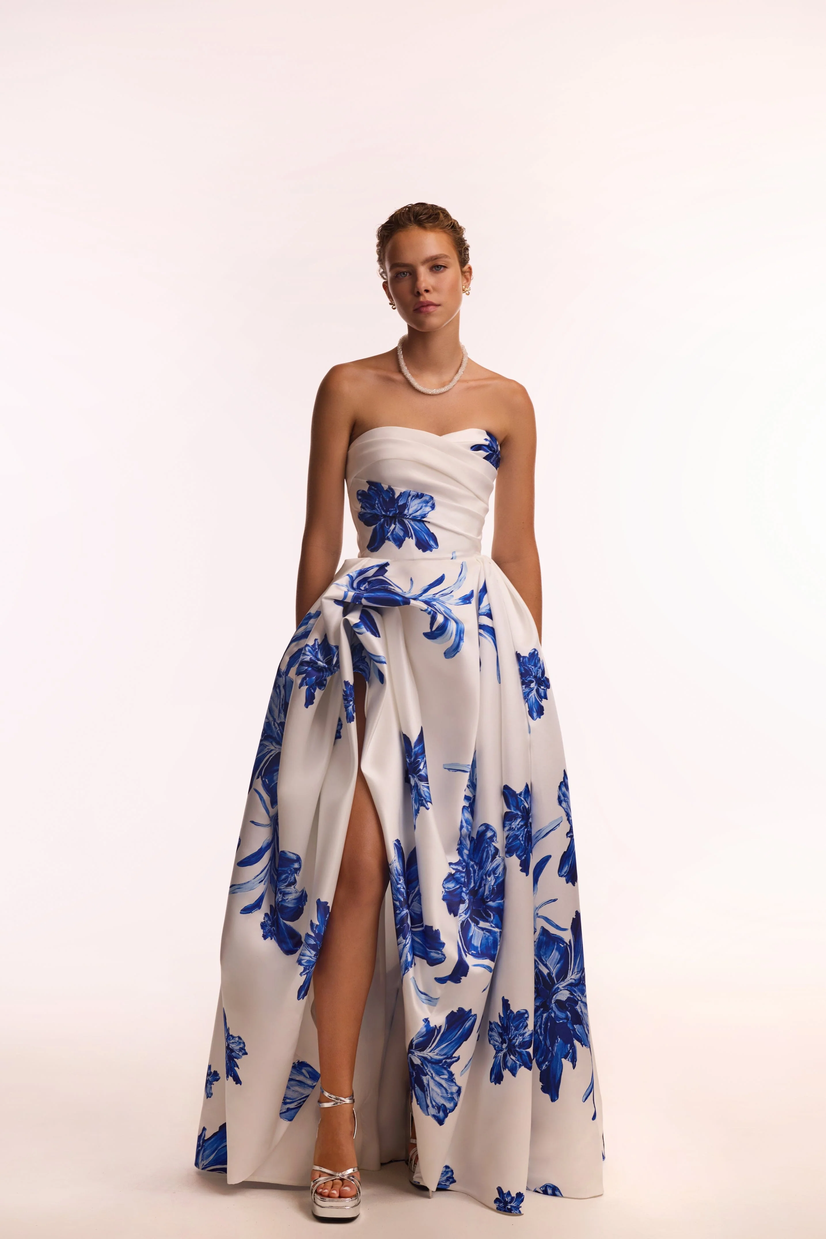 Wonderful white A-line maxi dress with blue flowers, Glow-Up - Image 12