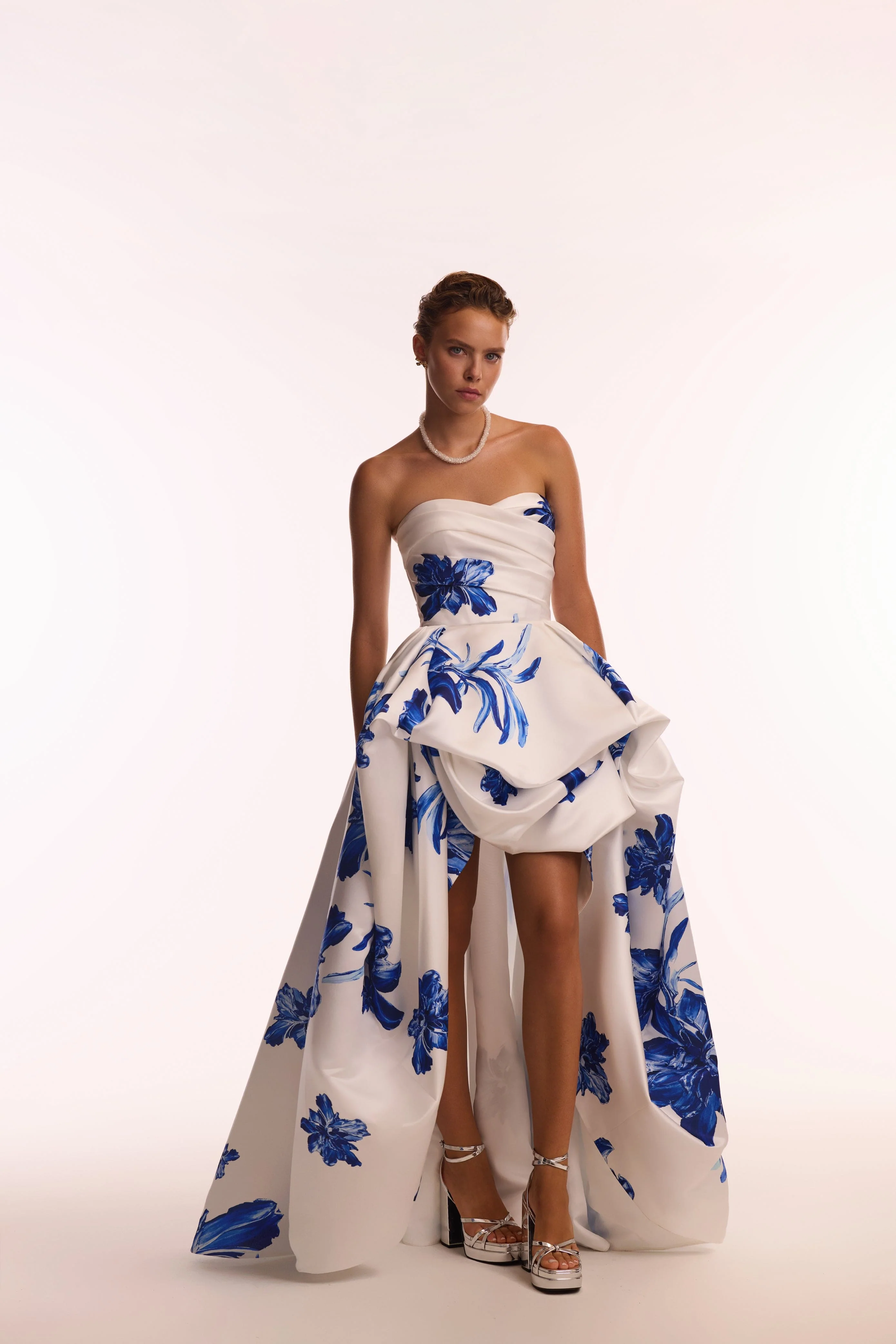 Wonderful white A-line maxi dress with blue flowers, Glow-Up - Image 14