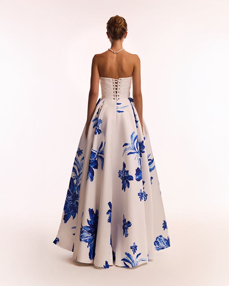 Wonderful white A-line maxi dress with blue flowers, Glow-Up - Image 3