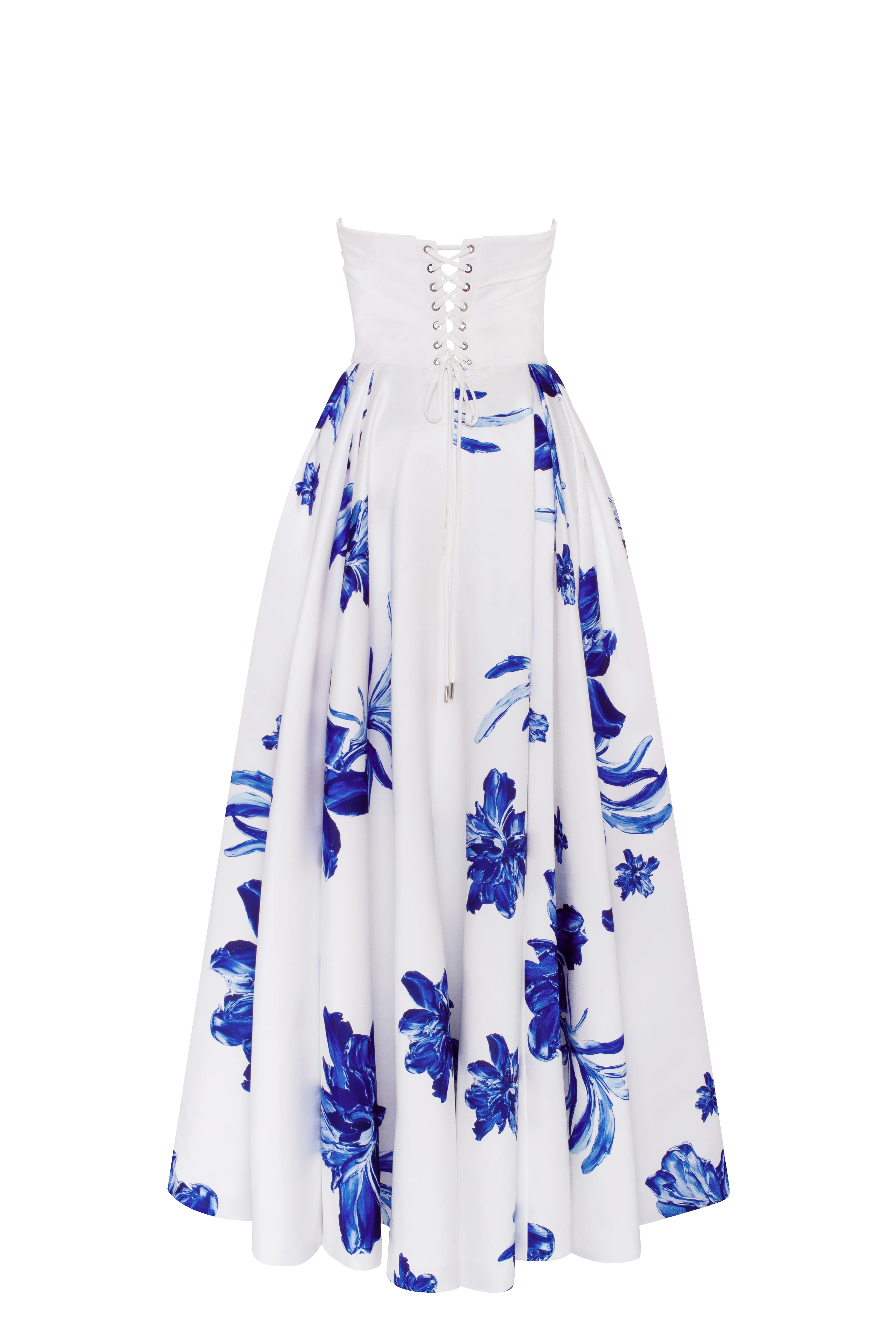 Wonderful white A-line maxi dress with blue flowers, Glow-Up - Image 4
