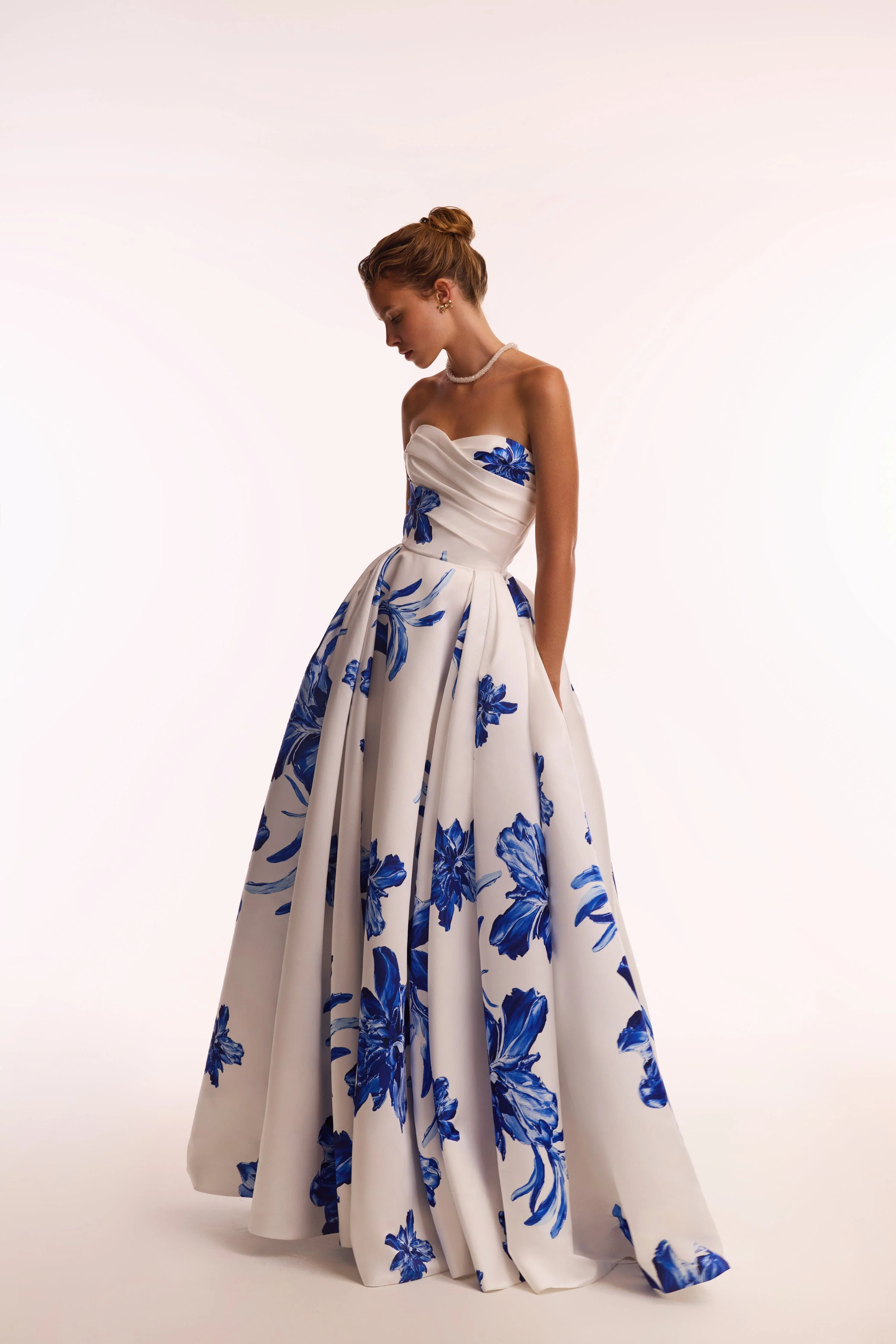 Wonderful white A-line maxi dress with blue flowers, Glow-Up - Image 7