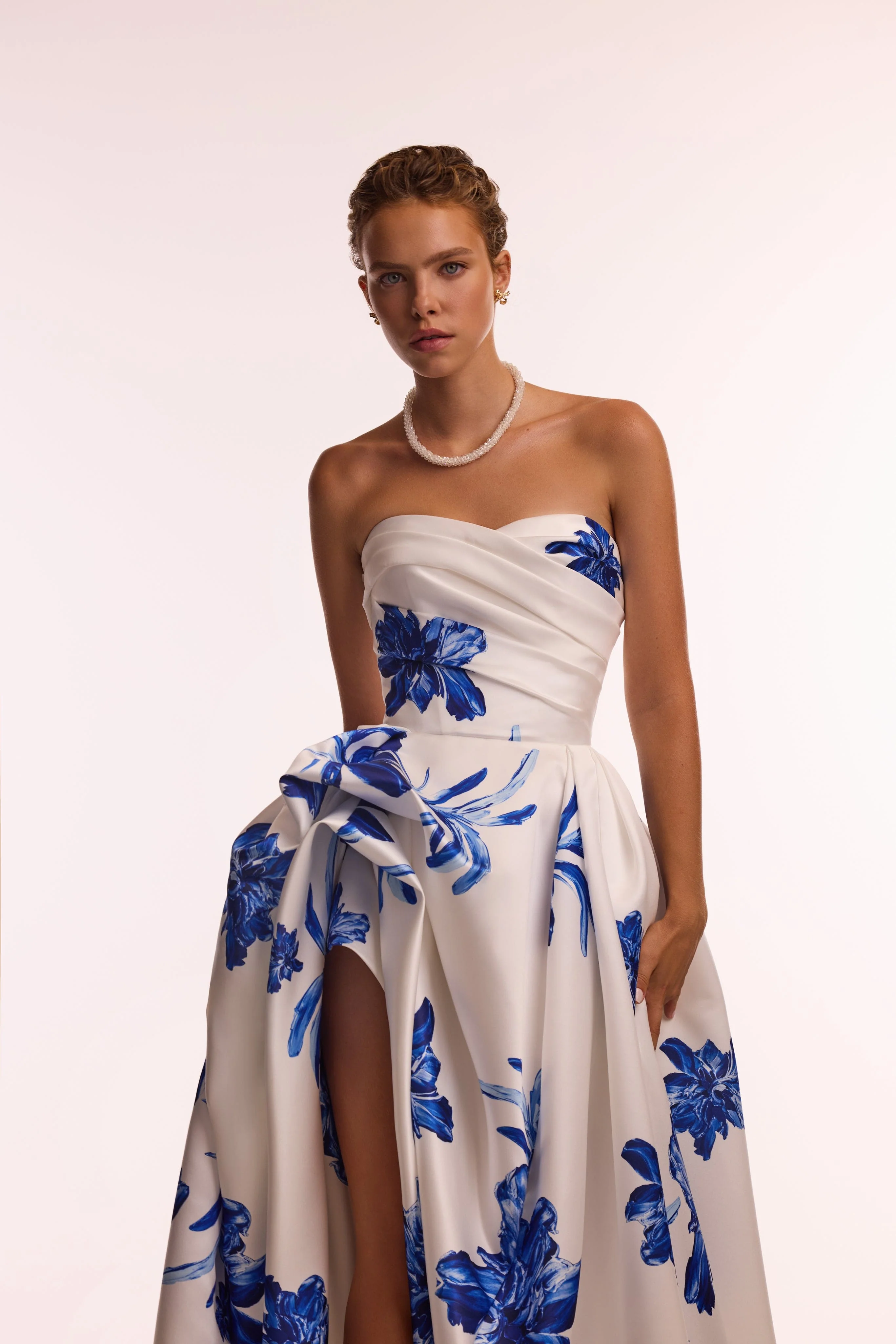 Wonderful white A-line maxi dress with blue flowers, Glow-Up - Image 9